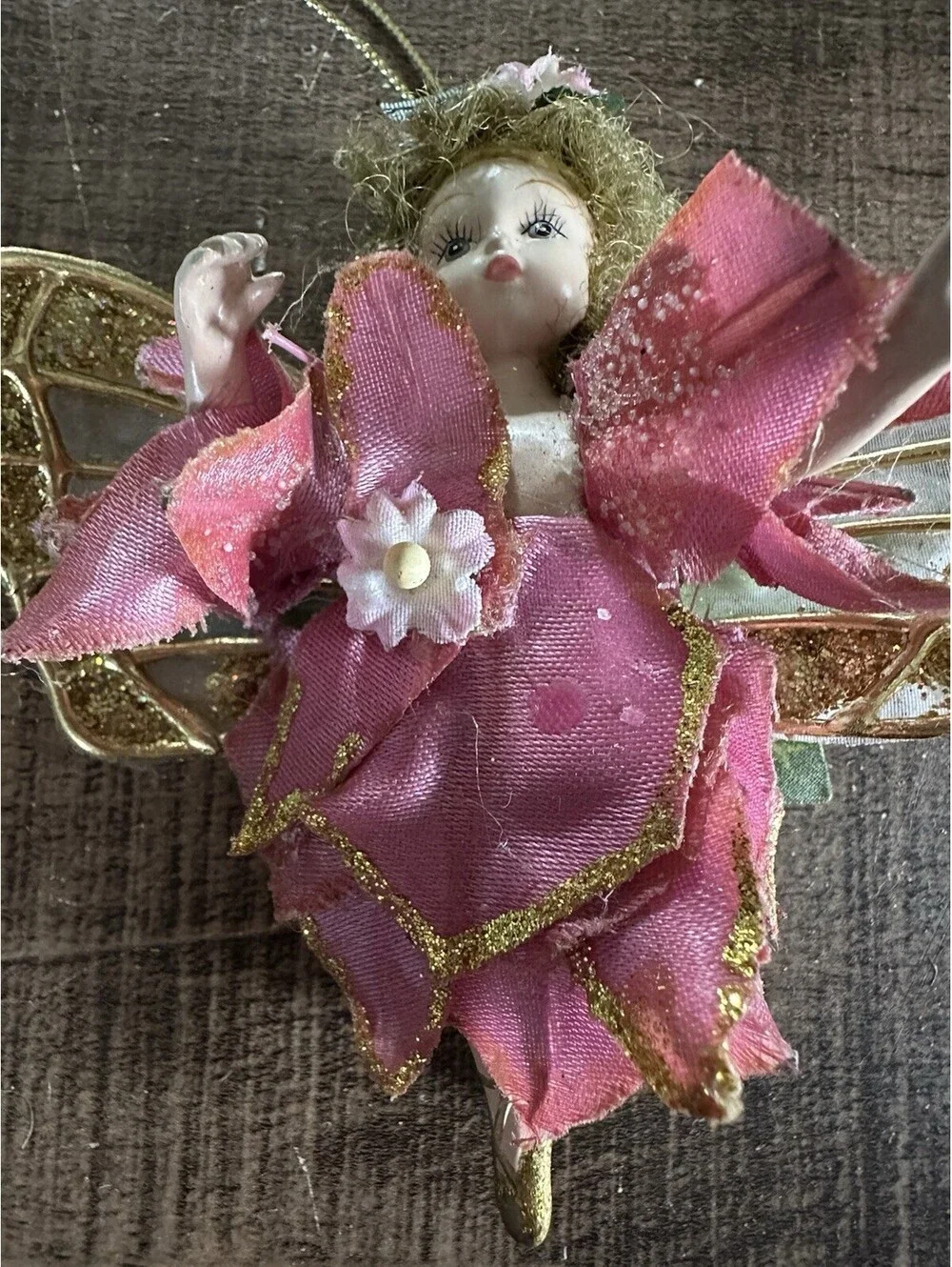 Vintage Pink Fairy Angel Christmas Ornament Porcelain Face Gold Glitter Wings
